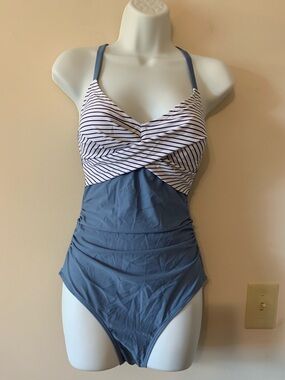 Blue Ruched Stripe-Top One-Piece Swimsuit
